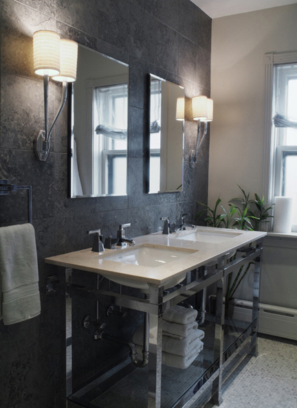 primary bath with grey marble walls and Urban Archaelogy vanity