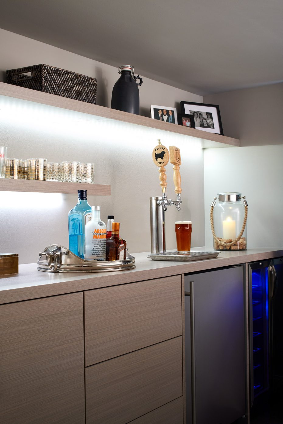 light colored bar with kegerator and wine refrigerator