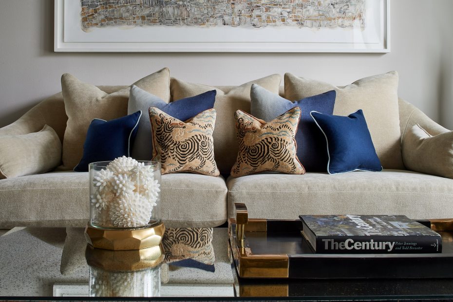 closeup of custom pillows on a sofa in clarence house fabric