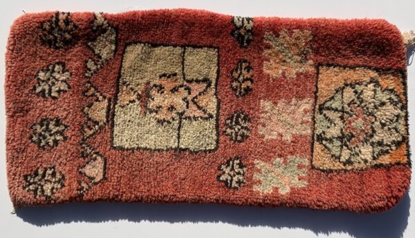 Moroccan pillow made from antique hand woven rugs, 2 sided pillow - thick plush wool on one side and flat wool on the opposite. 26”x12”. SKU 143-01. $125. Insert $50