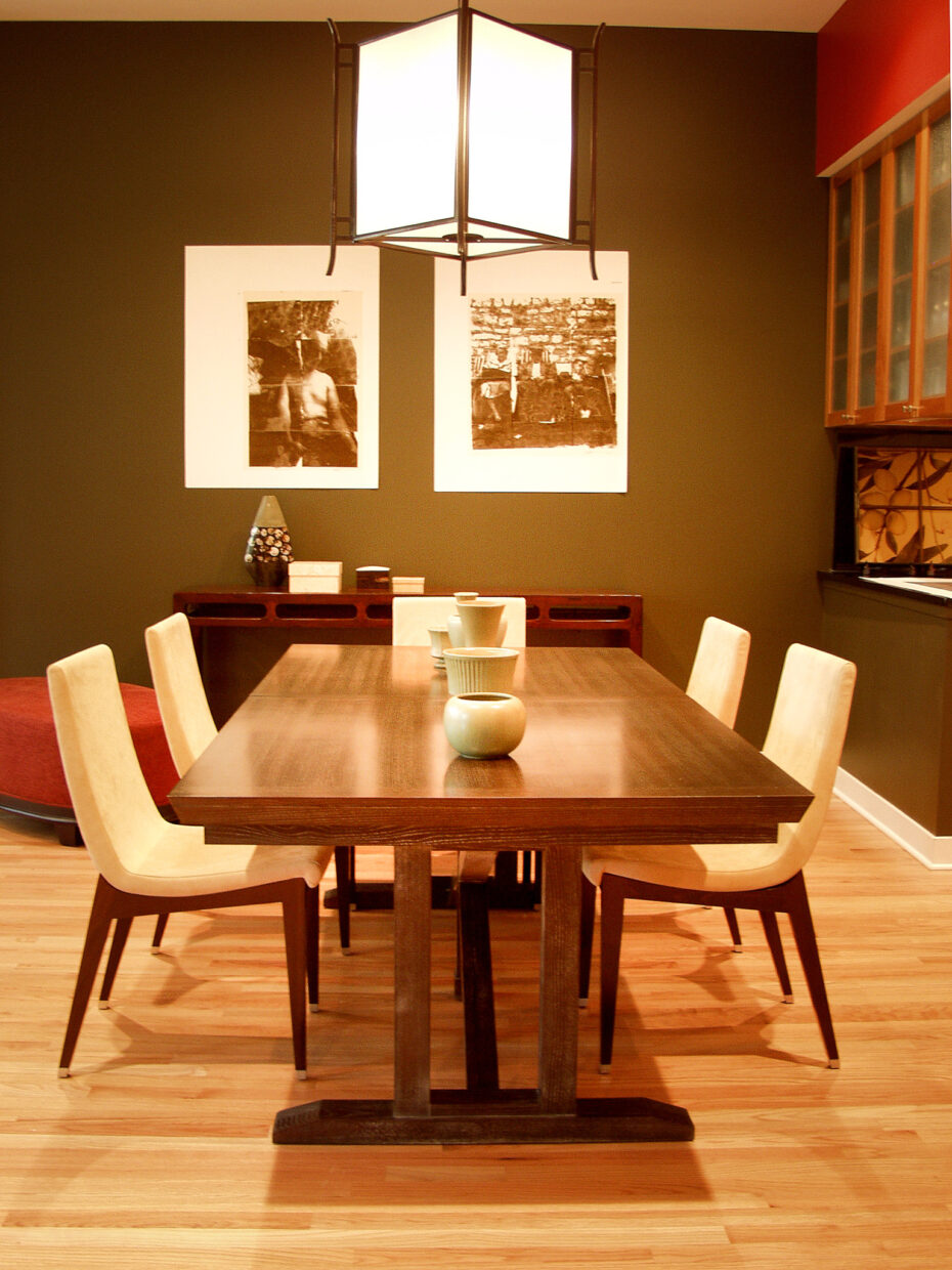 trestle table, asian lantern light fixture from Pagoda Red, dining chairs from Lignet Roset