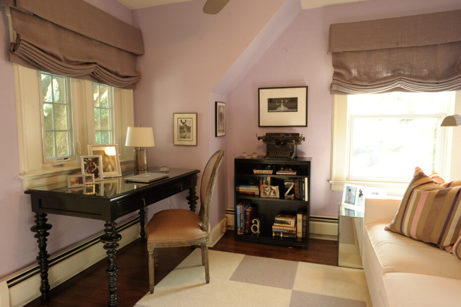 Purple den with Flor tiles and white sofa