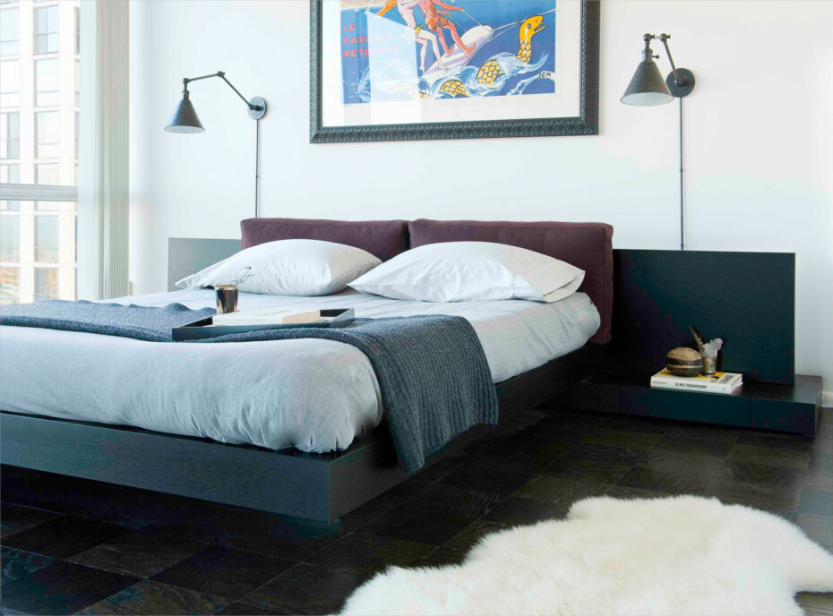 modern bed, B&B Italia dark wood headboard and built in side tables, large art and wall sconces from circa lighting