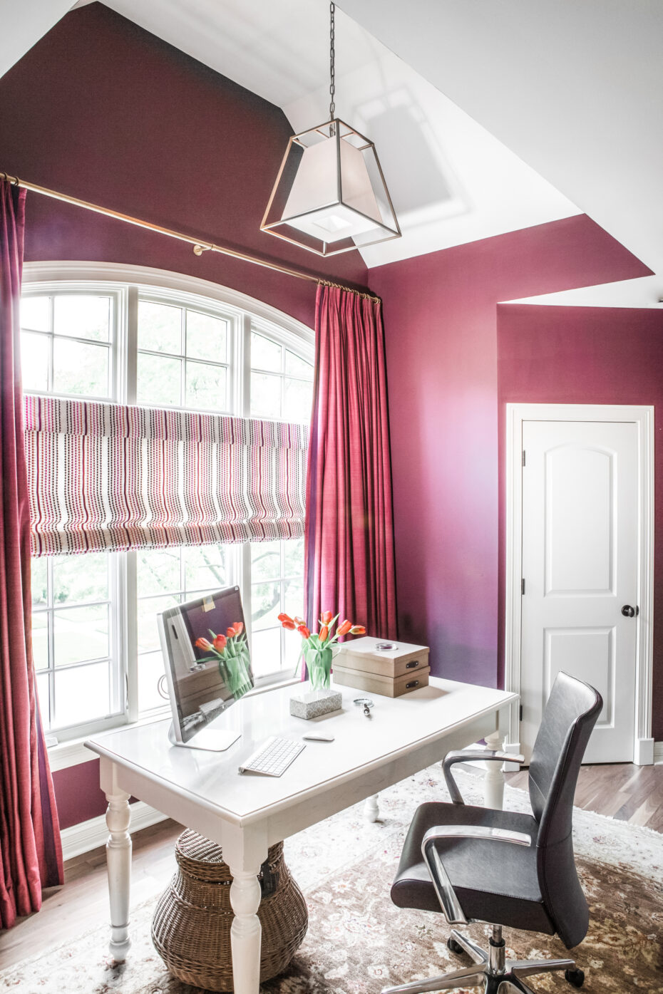farrow and ball brinjal paint, magenta color walls, office with a white desk and colorful window treatments