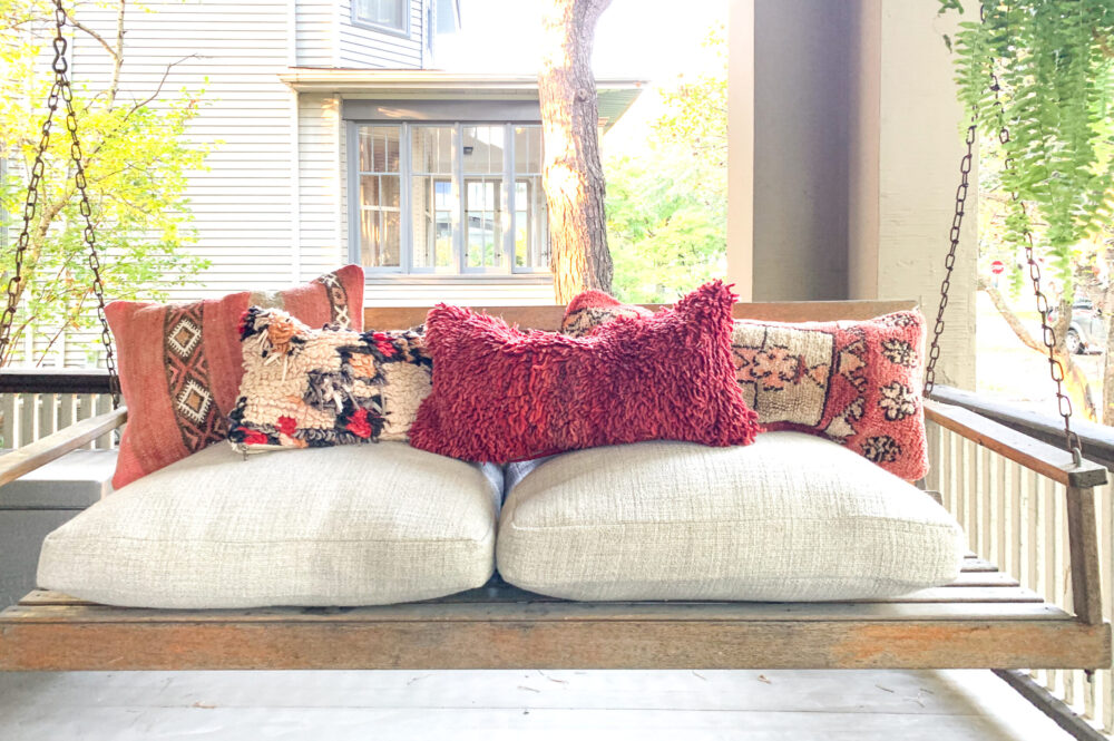 Red pillow. Four Moroccan pillows. Each pillow is one of a kind. Moroccan pillow made from antique hand woven rugs, 2 sided pillow - plush wool on one side and flat wool on the opposite.