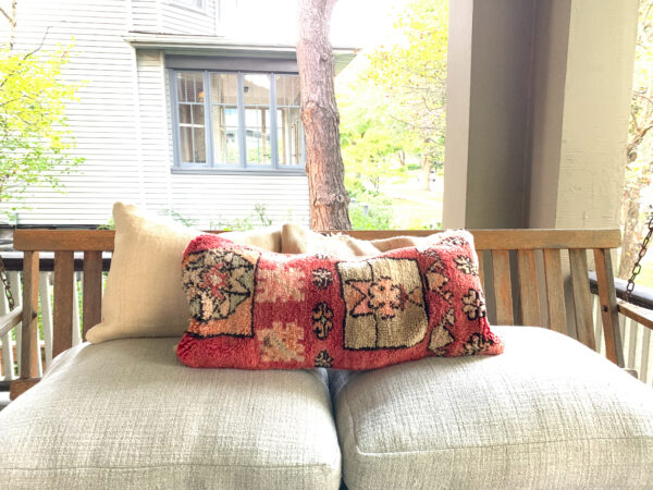 Group of Moroccan pillows. Each pillow is one of a kind. Moroccan pillow made from antique hand woven rugs, 2 sided pillow - plush wool on one side and flat wool on the opposite.