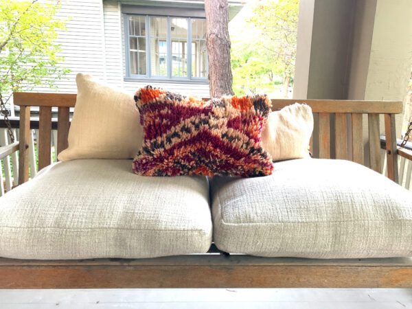 Three Moroccan pillows. Each pillow is one of a kind. Moroccan pillow made from antique hand woven rugs, 2 sided pillow - plush wool on one side and flat wool on the opposite.