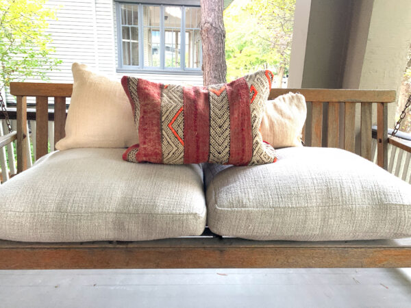 One of a kind. Moroccan pillow made from antique hand woven rugs, 2 sided pillow - textured wool on one side and flat wool on the opposite. 19”x13.25". SKU 143-07. $95. Insert $50