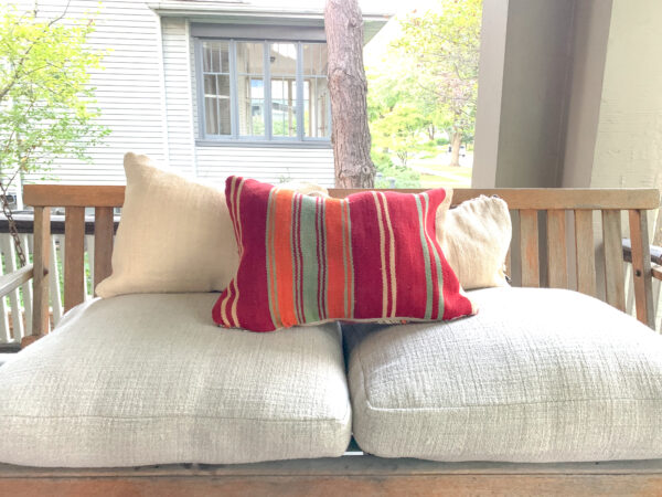 One of a kind. Moroccan pillow made from antique hand woven rugs, 2 sided pillow - textured wool on one side and flat wool on the opposite. 19”x13.25". SKU 143-07. $95. Insert $50