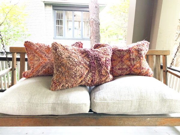 One of a kind. Moroccan pillow made from antique hand woven rugs, 2 sided pillow - thick plush wool on one side and flat wool on the opposite. 20”x14.5”. $115. Insert $50