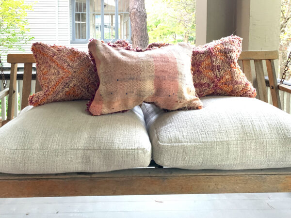 One of a kind. Moroccan pillow made from antique hand woven rugs, 2 sided pillow - thick plush wool on one side and flat wool on the opposite. 20”x14.5” . $115. Insert $50