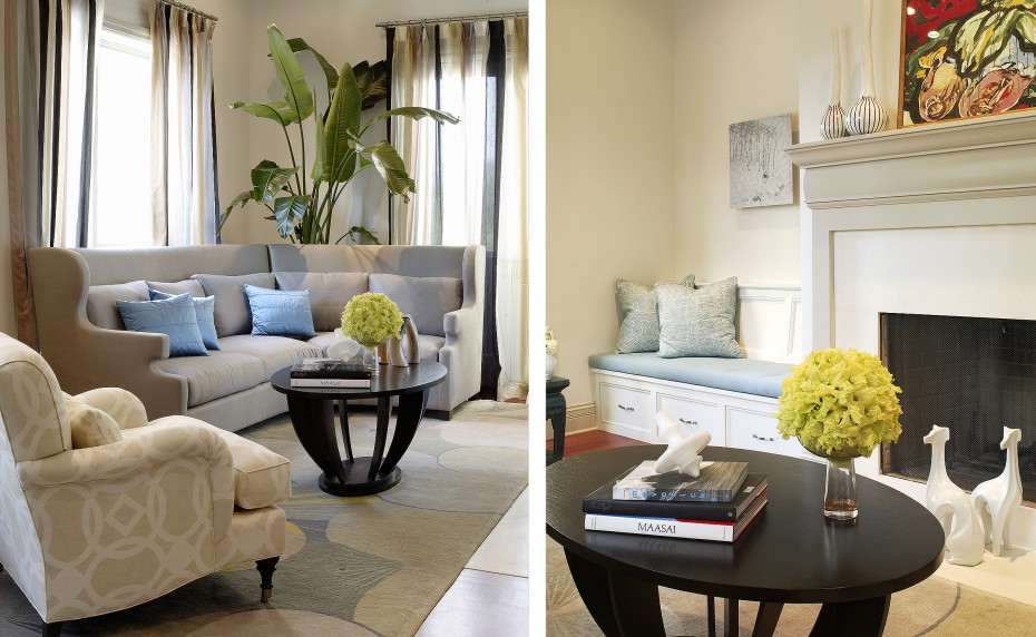 living room with fireplace and curved sofa