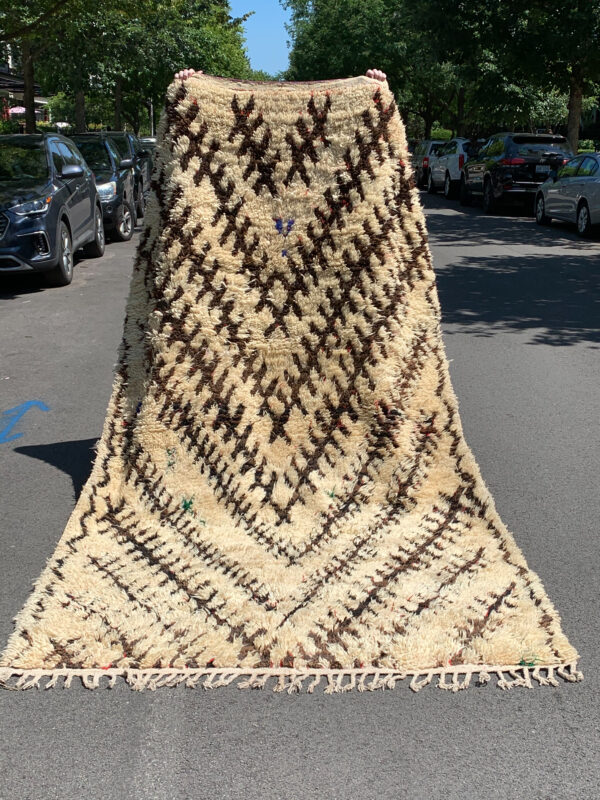 Mid-Century Talsint Moroccan rug. Vintage, handwoven Berber rug. 10-6” x 6 Saw Moroccan rug, cream and brown with flecks of red and green. SKU 142-12 $1900